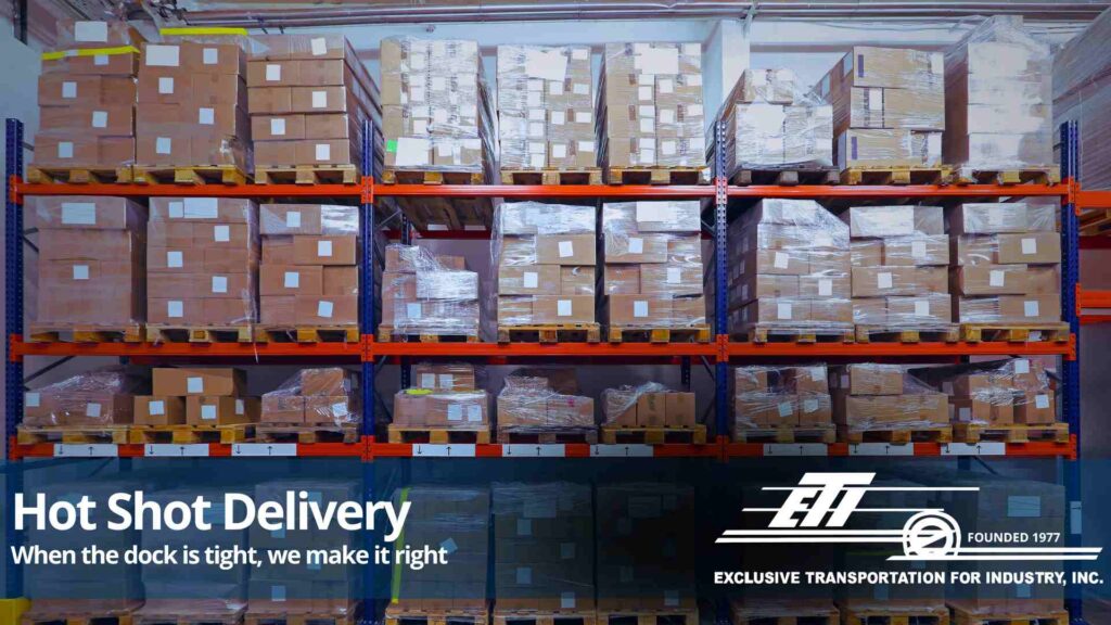 picture of a full dock of boxes on pallets for expedited shipping by eti 