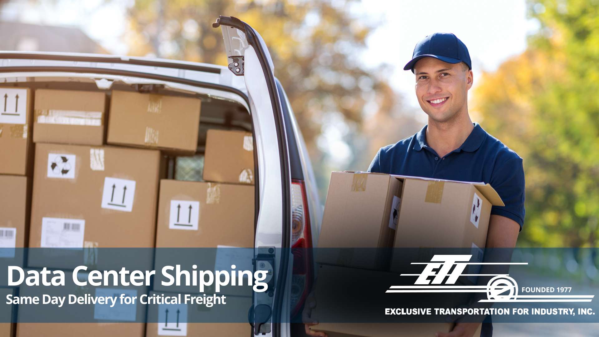 a courier van for shipping dedicated same day shipments, photo of a man next to boxes in a van