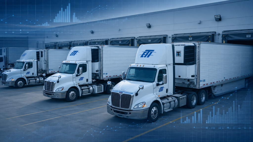 ETI trucks at loading docks with freight emissions and fleet performance data graphics