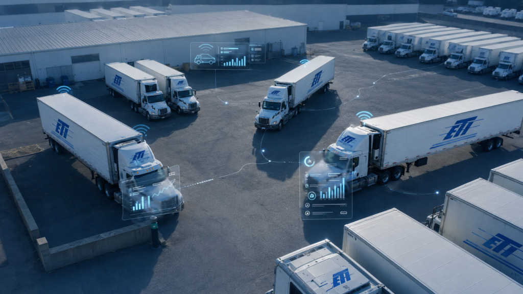 Aerial view of ETI trucks with telematics and fleet performance data graphics