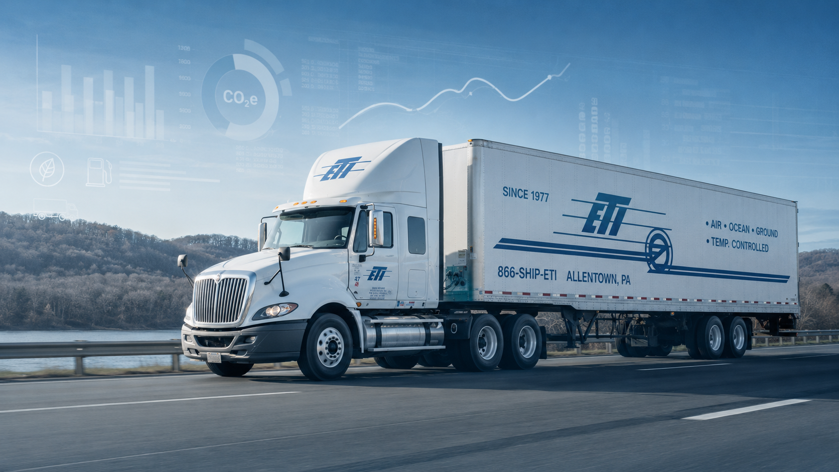 ETI tractor-trailer on a Pennsylvania highway with CO2e and transportation emissions data graphics